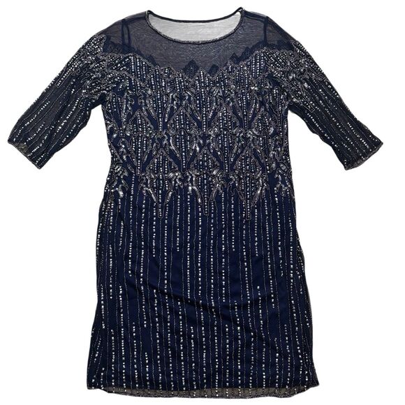 Pisarro Nights Formal Dress Womens 18W Blue Beaded Sheer Mesh Mother Bride Gown - Picture 1 of 6